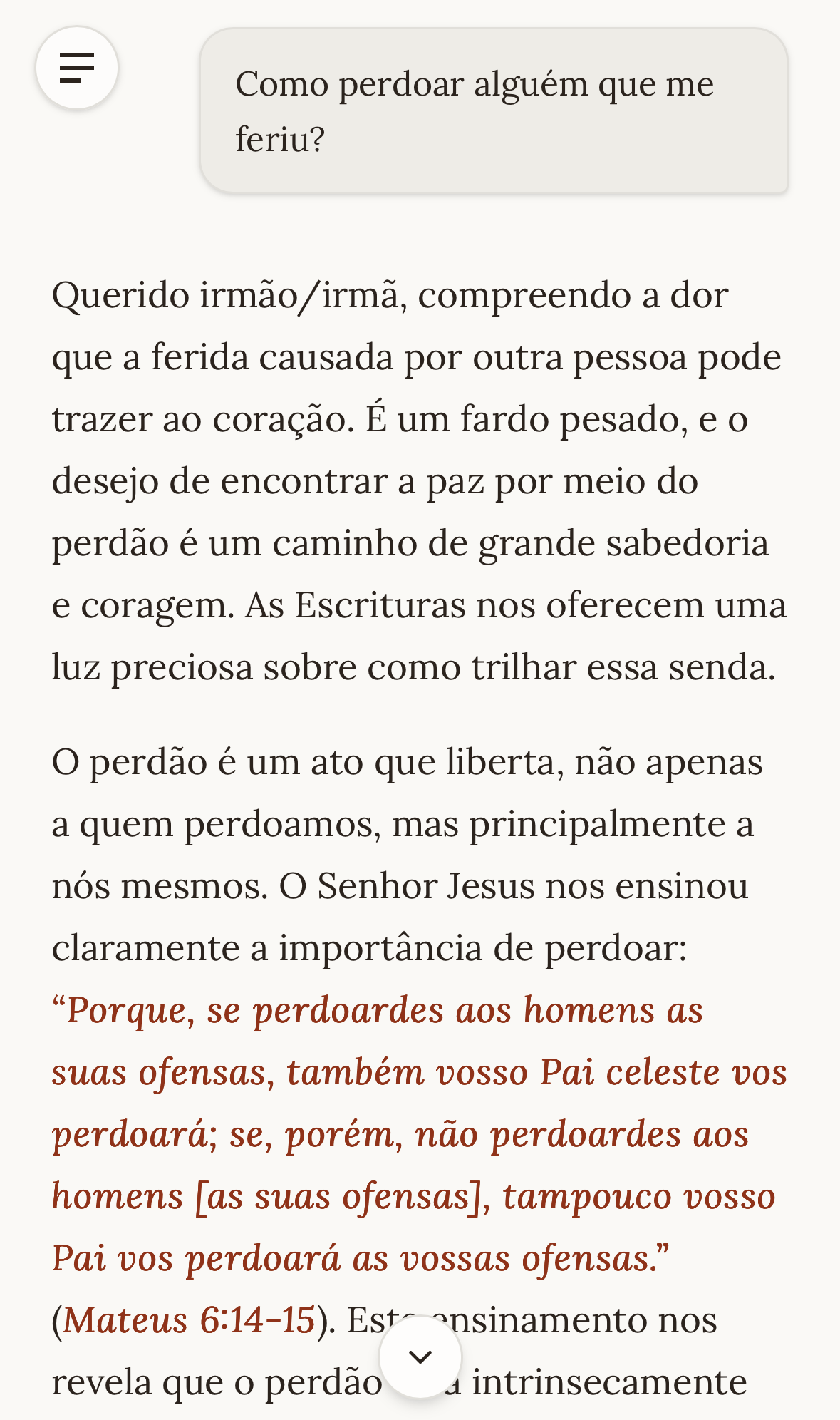 Exemplo de conversa no Sabedoria: pergunta sobre como perdoar alguém que me feriu, com resposta bíblica citando Mateus 6:14-15